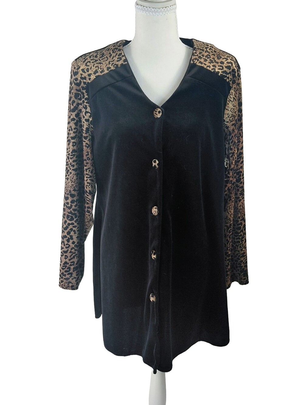 VTG 90s Black Velvet Button-Front Tunic with Leopard Accent Sz 10